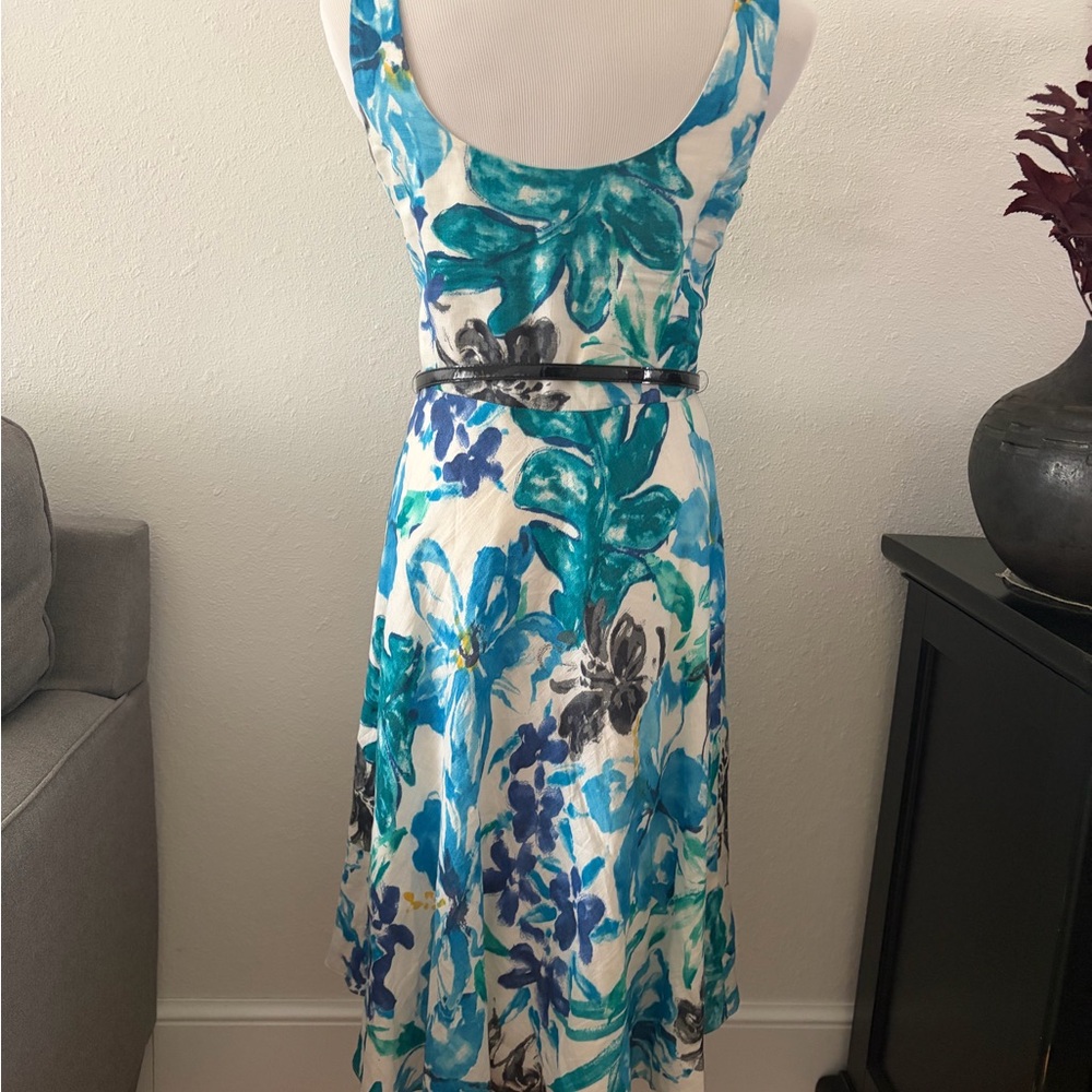 Ralph Lauren White Midi Dress with Blue & Teal Floral Print